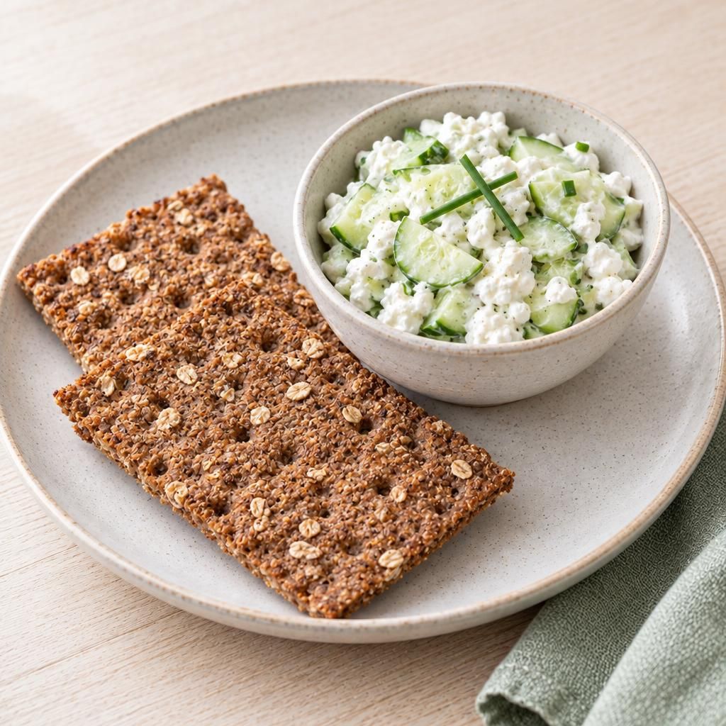 Knäckebrot mit Hüttenkäse und Gurke