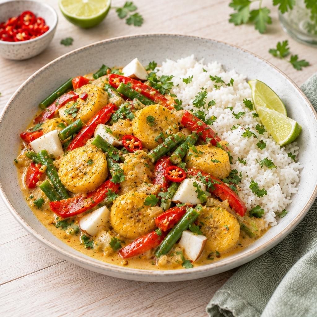 Veganes Curry mit Kochbanane und Reis