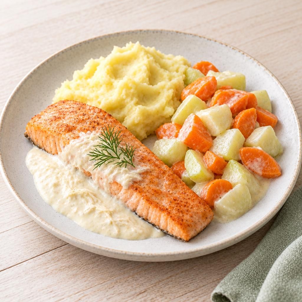 Lachs mit Püree und Karotten-Kohlrabi-Gemüse