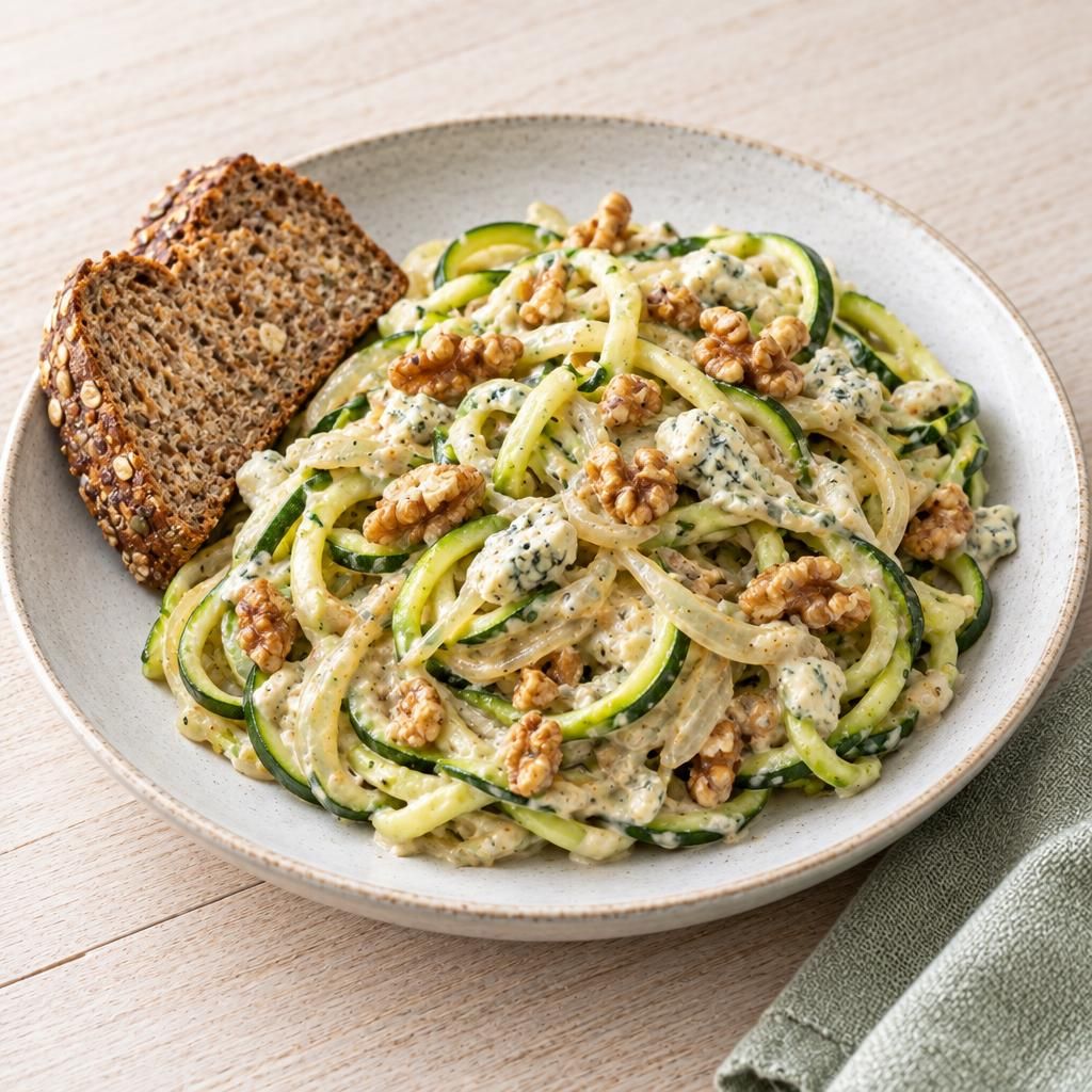 Gemüsenudeln mit Walnusssauce und Vollkornbrot