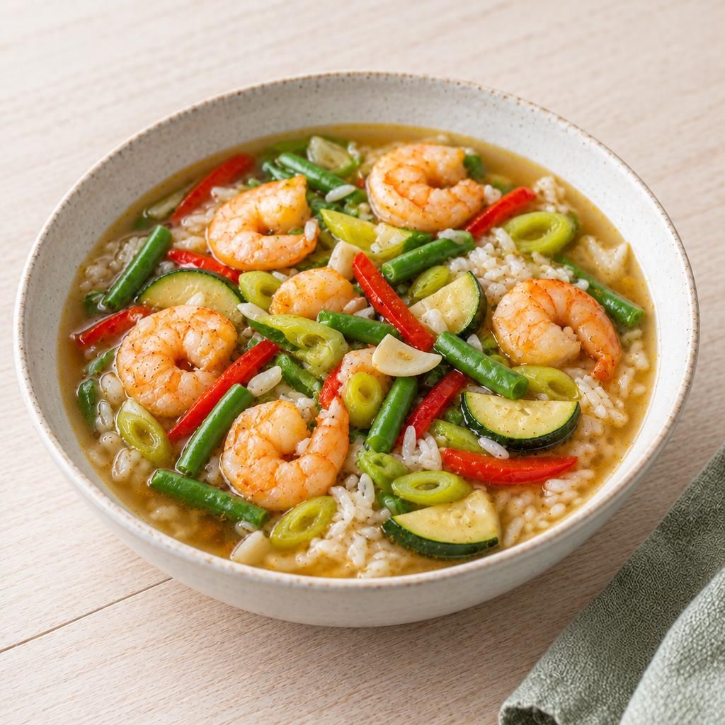 Asiatische Suppe mit Garnelen und Reis