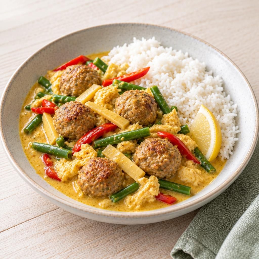 Exotisches Curry mit Hackbällchen und Reis