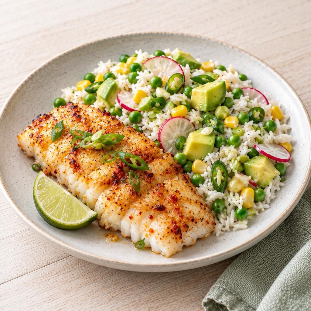 Grillfisch mit Chili und Limetten, dazu Reis