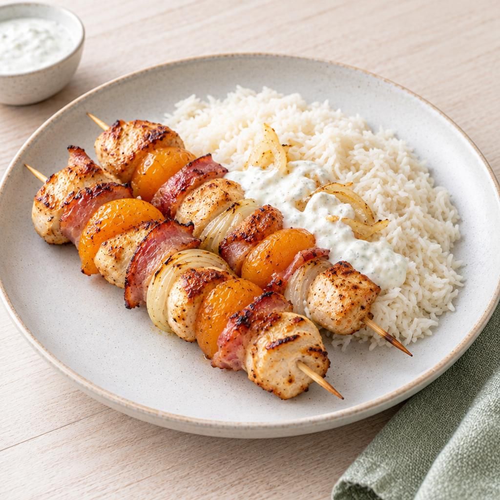 Hähnchen-Aprikosen-Spieße mit Reis