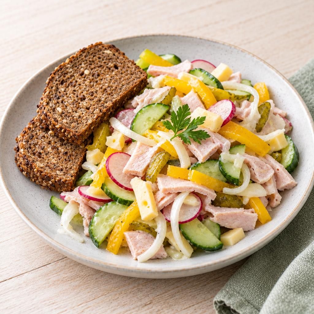 Salat mit Schinken und Käse, dazu Vollkornbrot