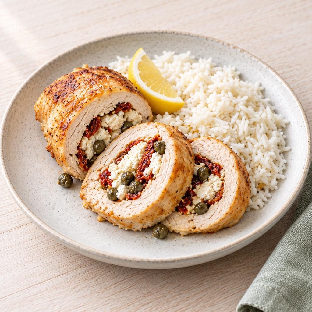 Putenroulade mit Kapern und Feta, dazu Reis