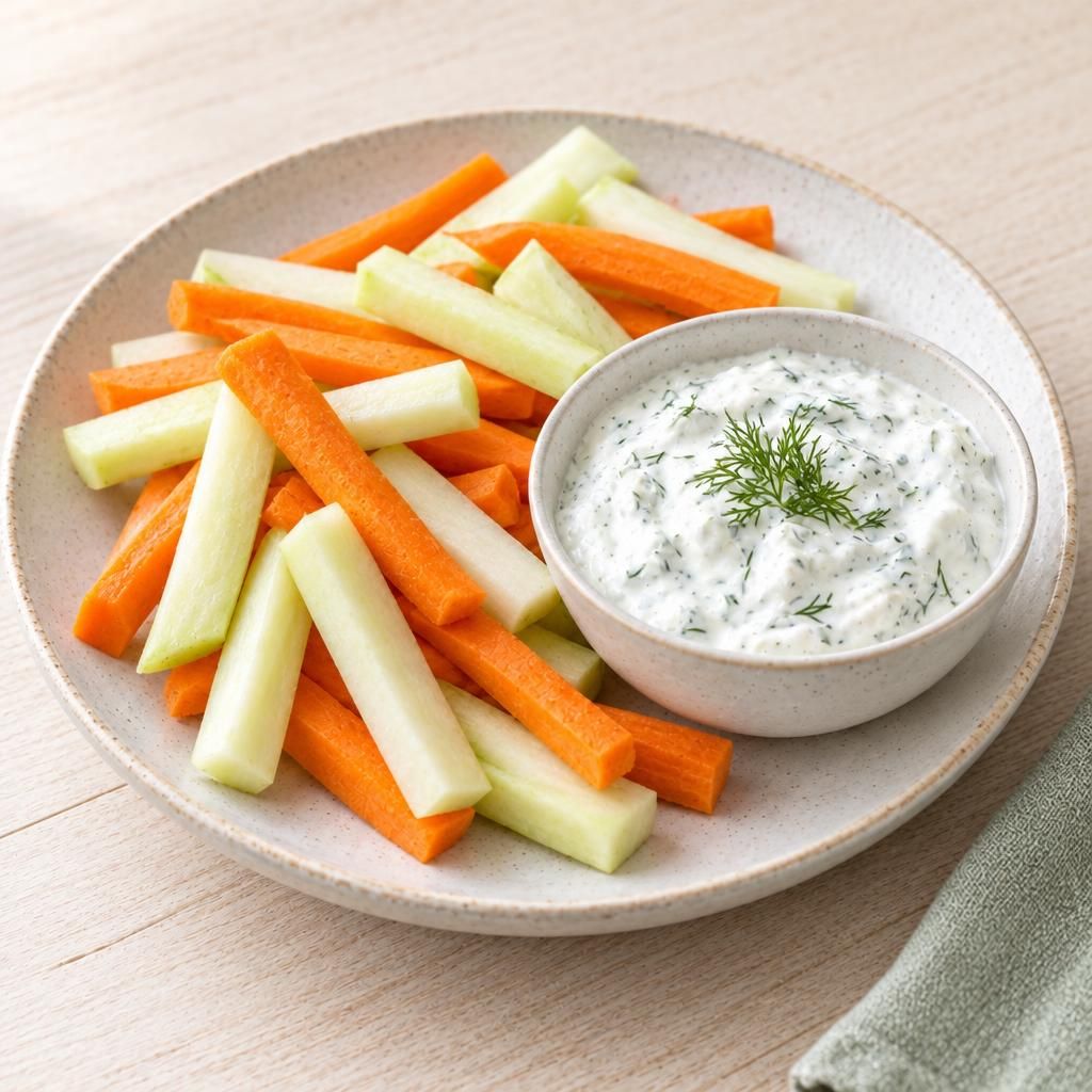 Kohlrabi-Möhren-Sticks mit Joghurt-Dill-Dip