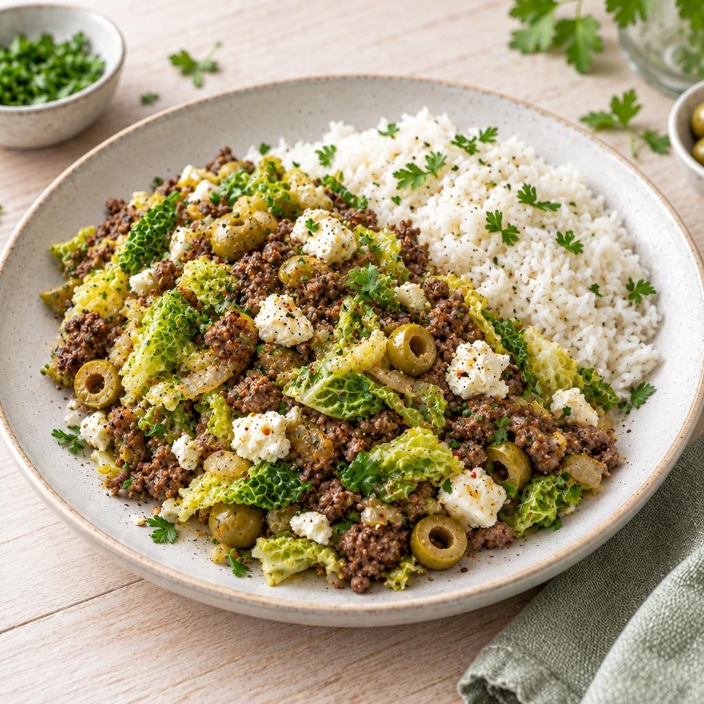 Wirsing-Hack-Pfanne mit Feta und Reis
