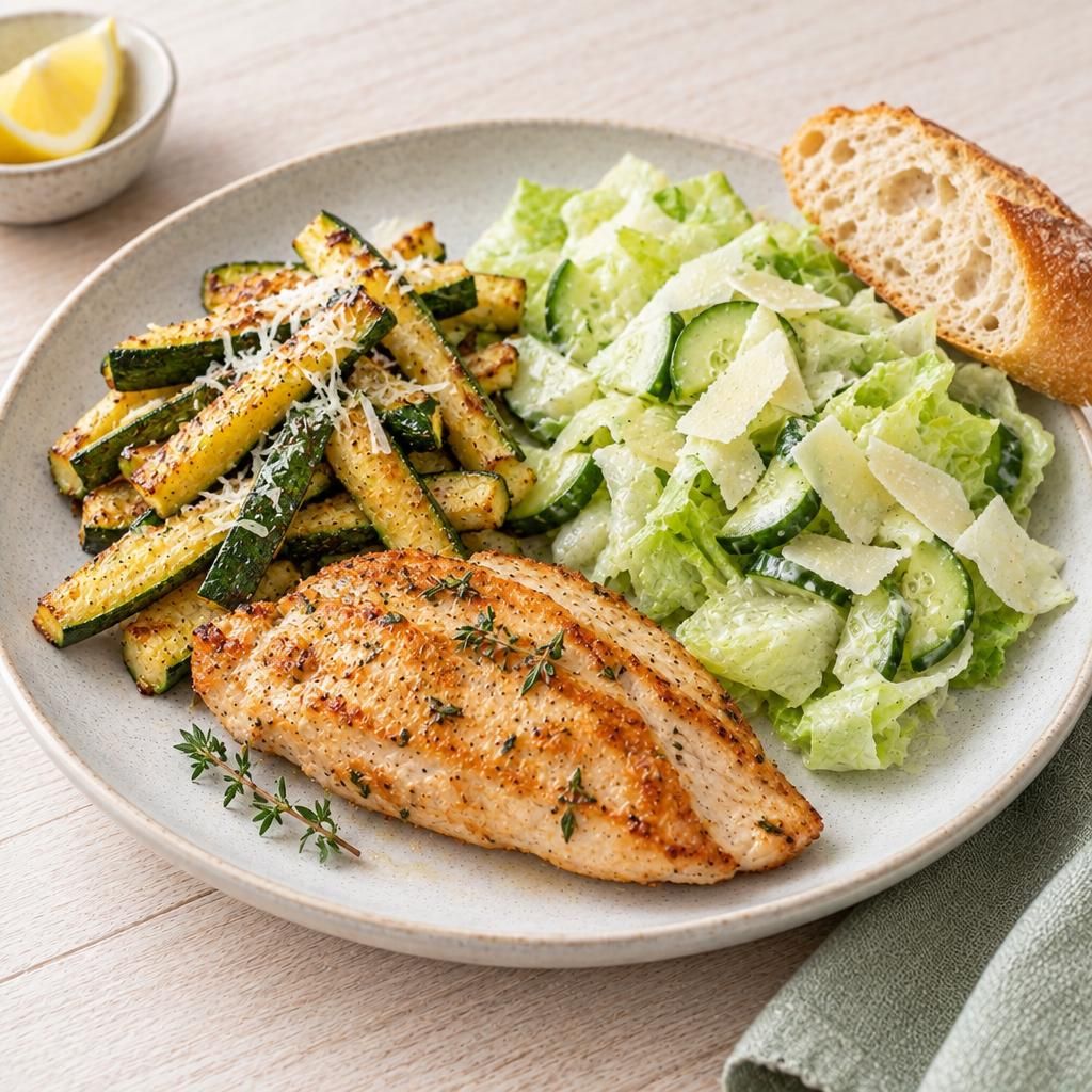 Hähnchen mit Zucchini-Sticks und Salat, dazu Baguette