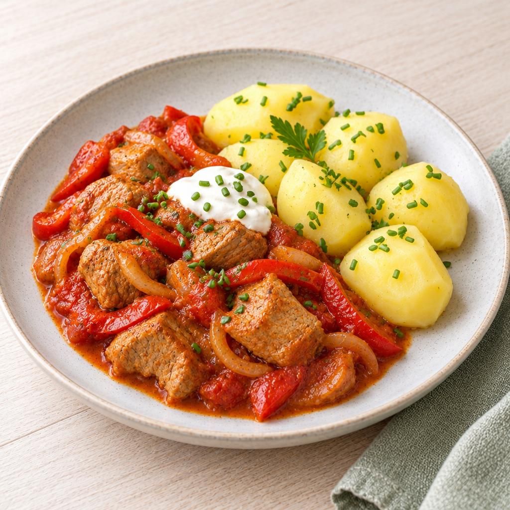 Paprika-Gulasch mit Salzkartoffeln