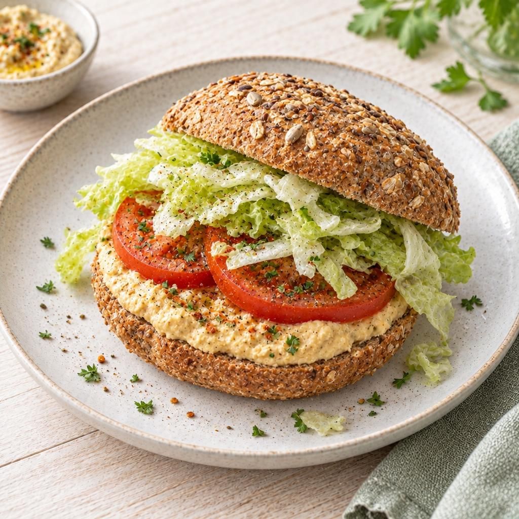 Vollkornbrötchen mit Hummus und Tomate