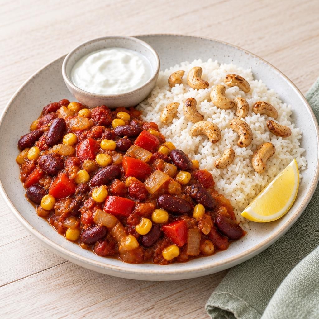 Chili sin Carne mit Dip und Cashew-Reis