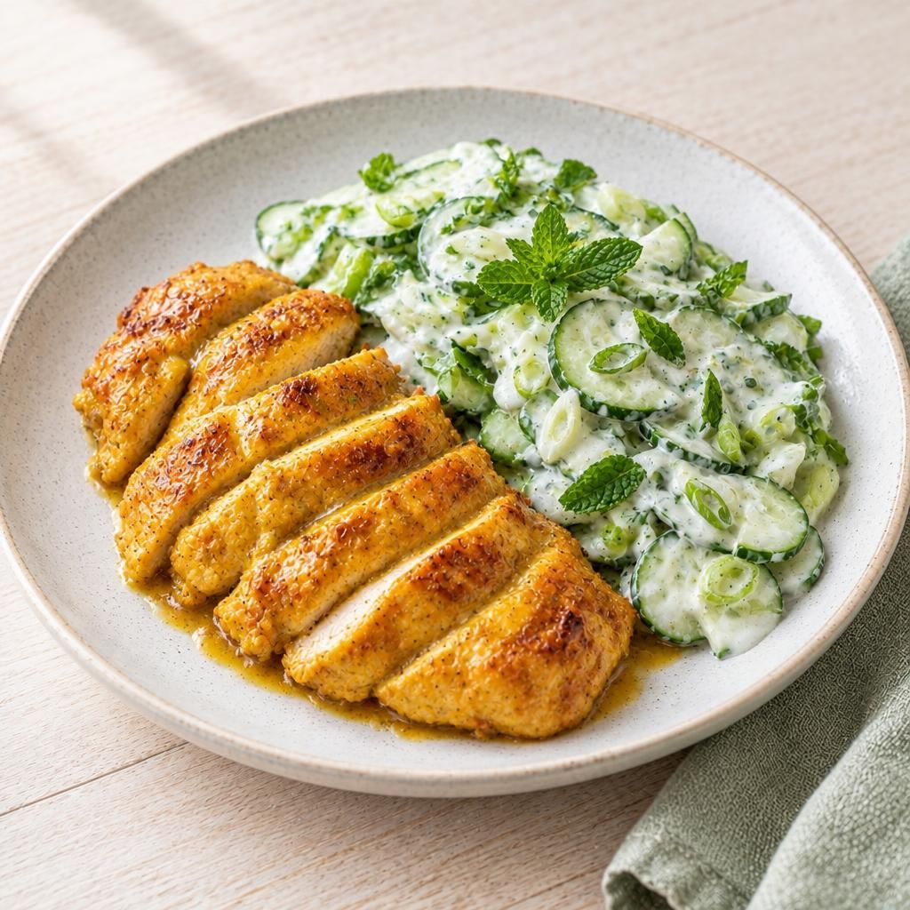 Curry-Hähnchen mit Gurken-Minz-Salat