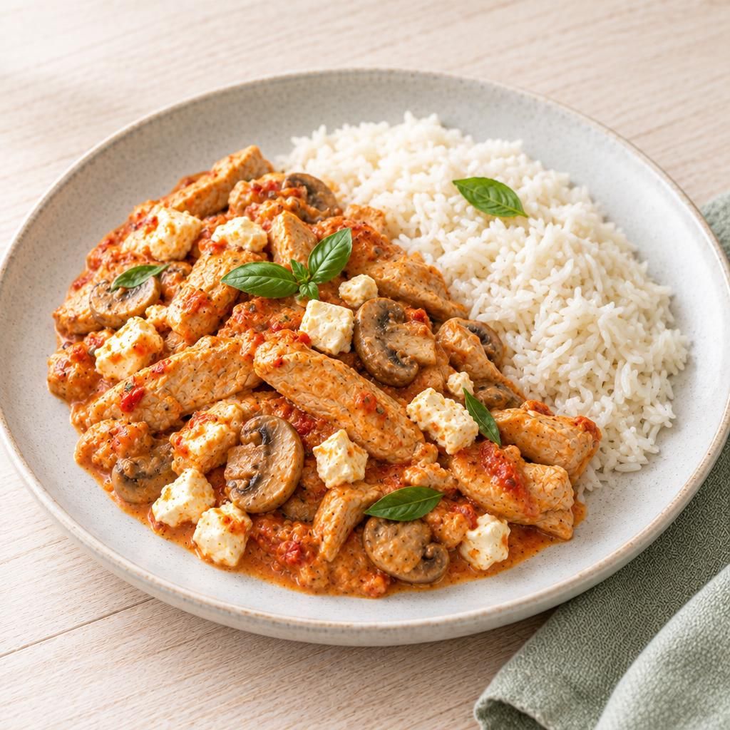 Putengeschnetzeltes mit Feta und Ajvar, dazu Reis