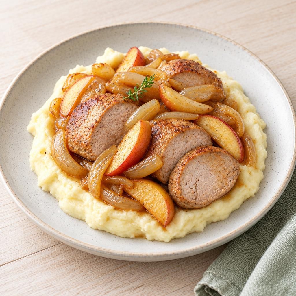 Schweinefilet mit Apfelzwiebeln und Kartoffelpüree