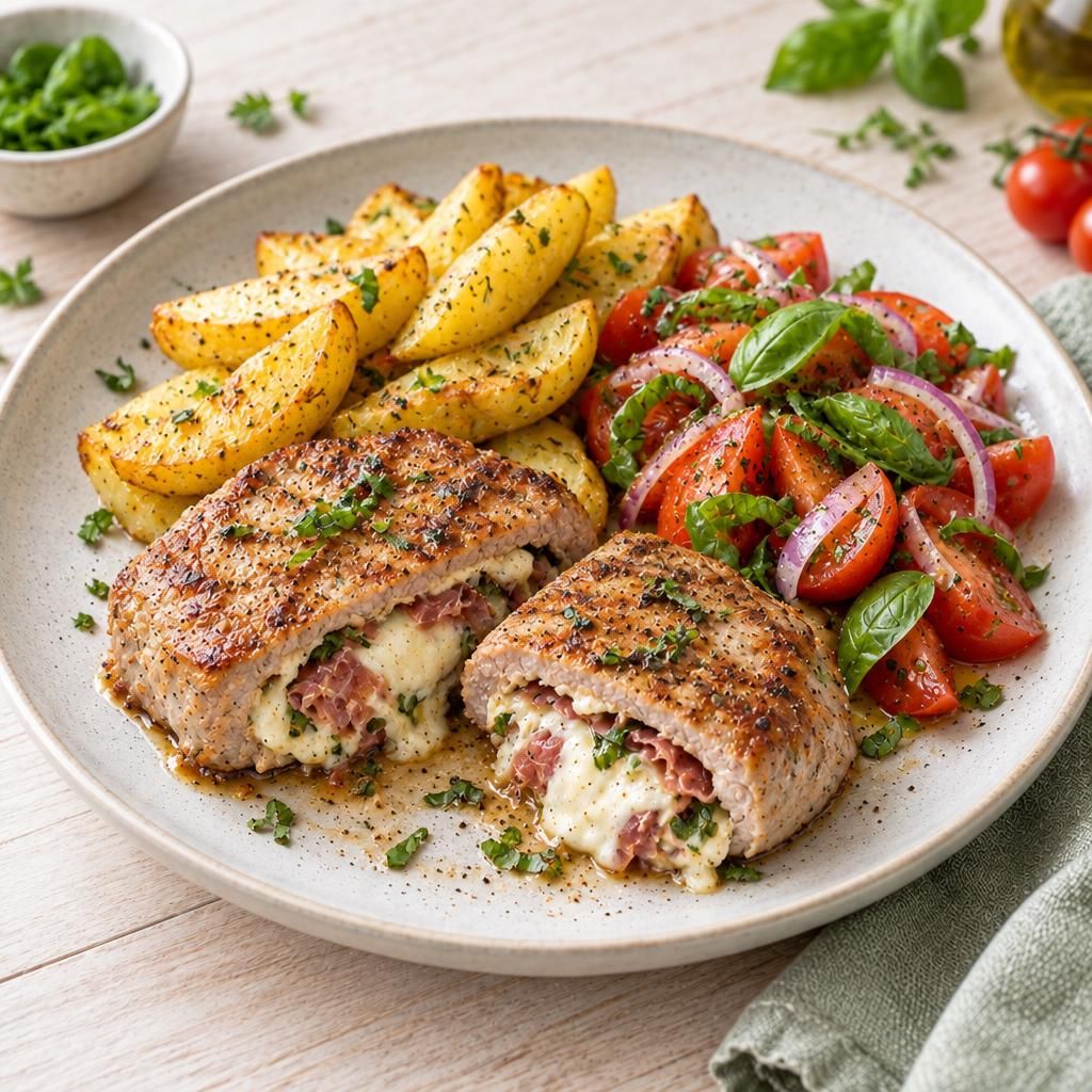 Schweinesteaks mit Füllung, Kartoffelecken und Tomatensalat