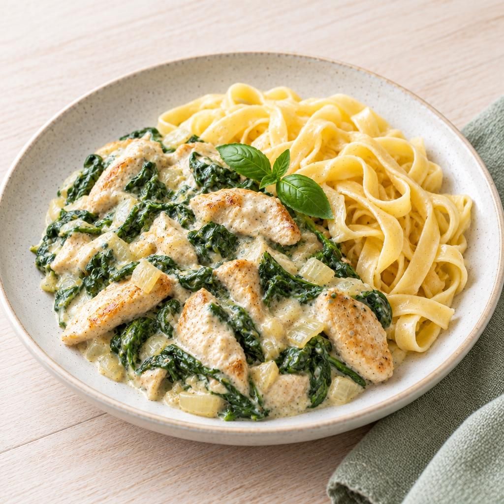 Hähnchen-Spinat-Ragout mit Bandnudeln