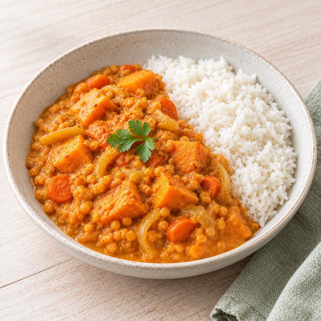 Linsen-Süßkartoffel-Curry mit Reis