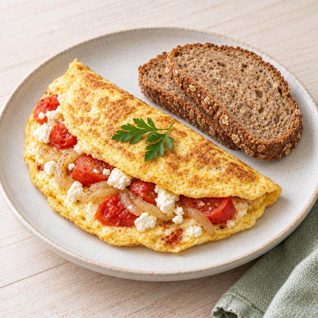 Omelett mit Feta und Tomate, dazu Vollkornbrot