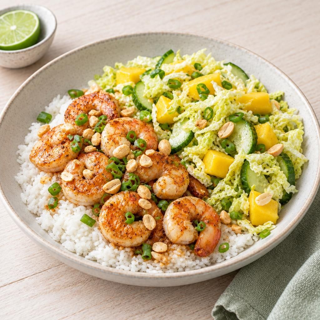 Garnelen mit Mango-Kohl-Salat und Reis