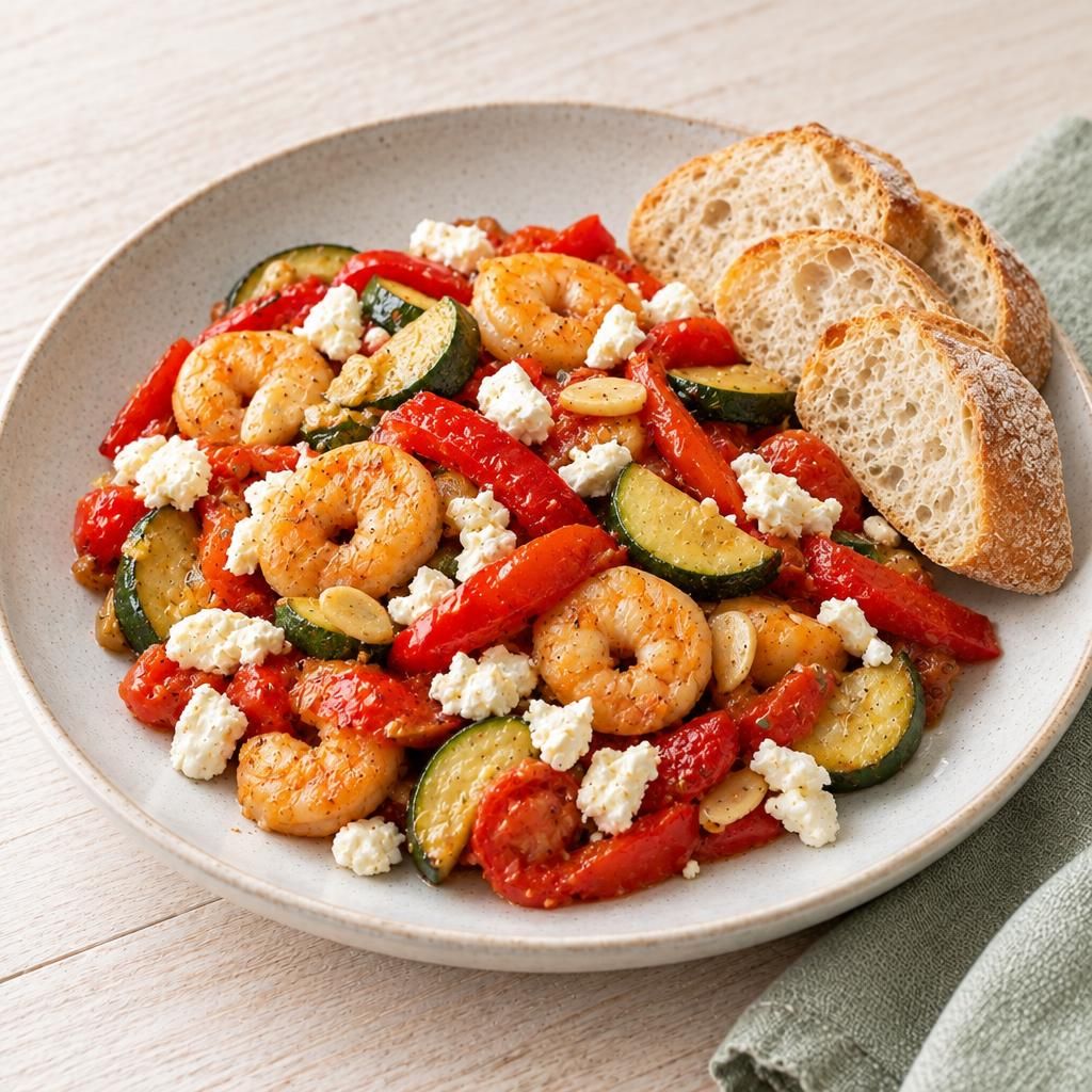 Gemüsepfanne mit Scampi und Baguette