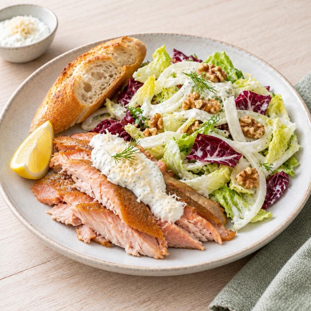 Räucherforelle mit Fenchelsalat und Baguette