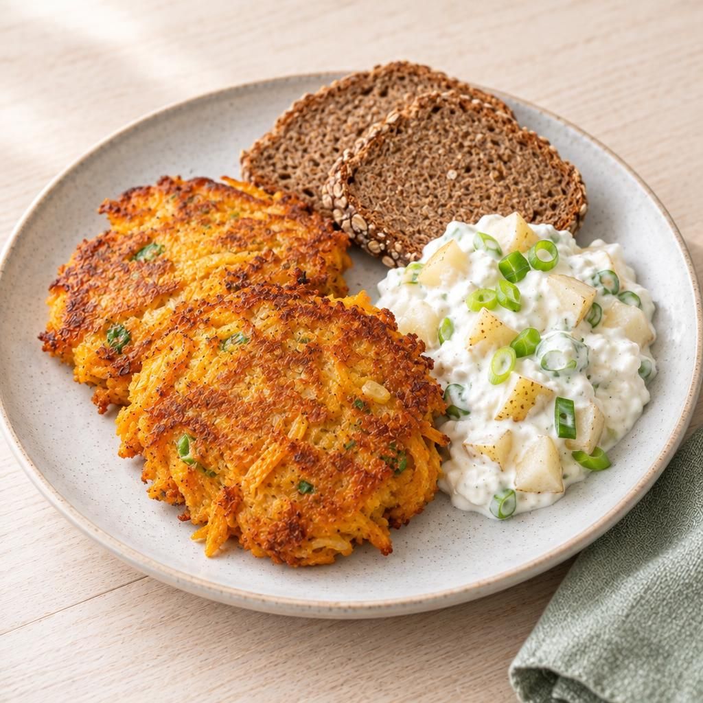 Kürbis-Puffer mit Birnenquark und Vollkornbrot