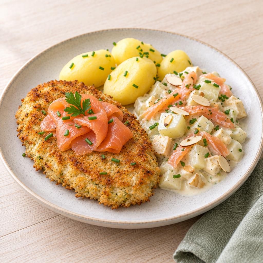 Gemüseschnitzel mit Räucherlachs und Salzkartoffeln