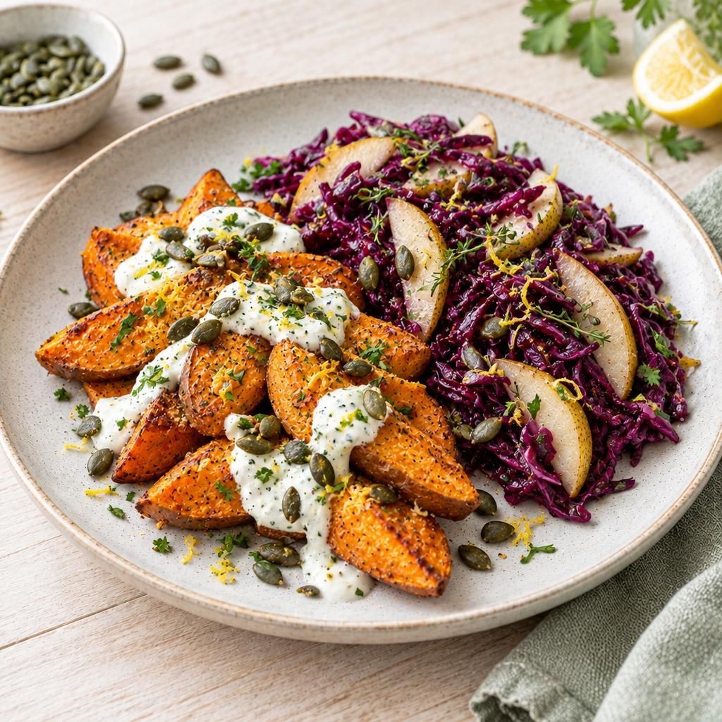 Süßkartoffeln mit Rotkohl-Birnen-Salat