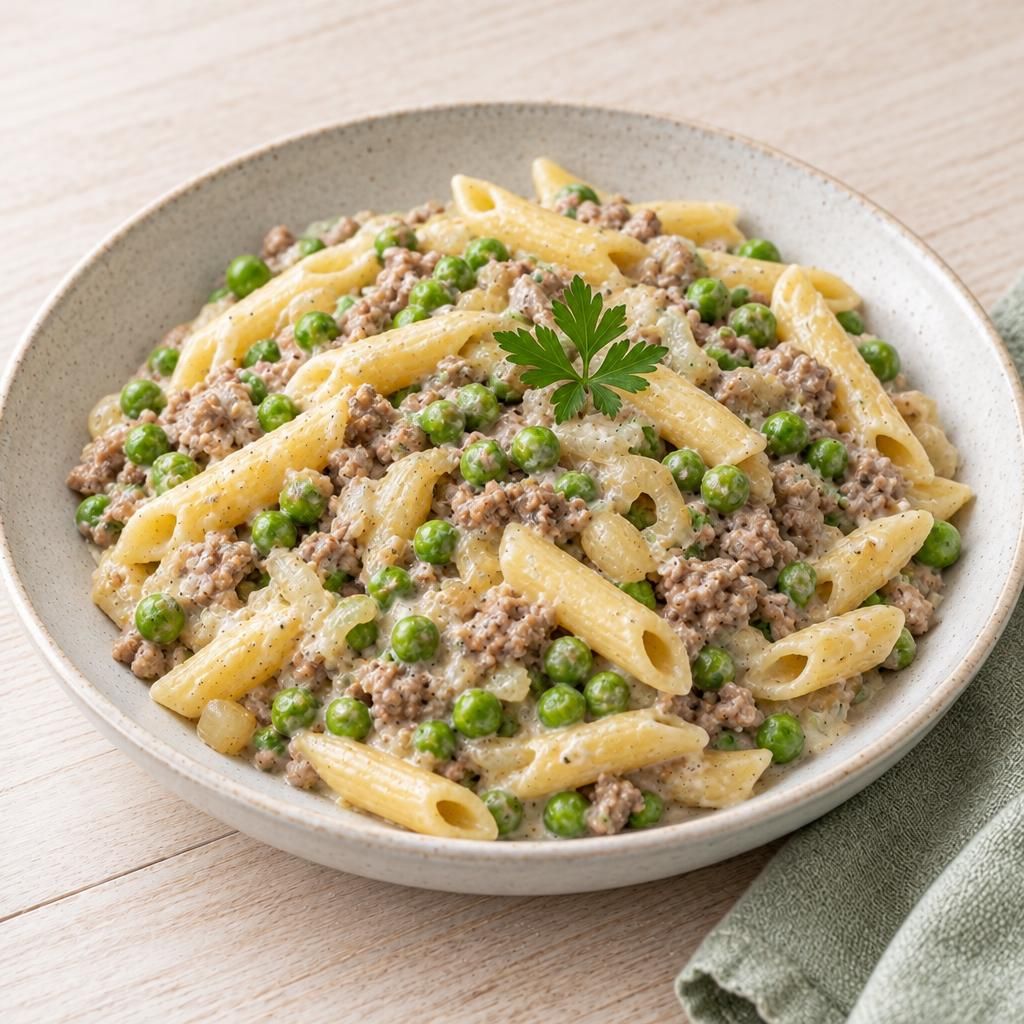 Nudeln mit Hack-Erbsen-Sauce