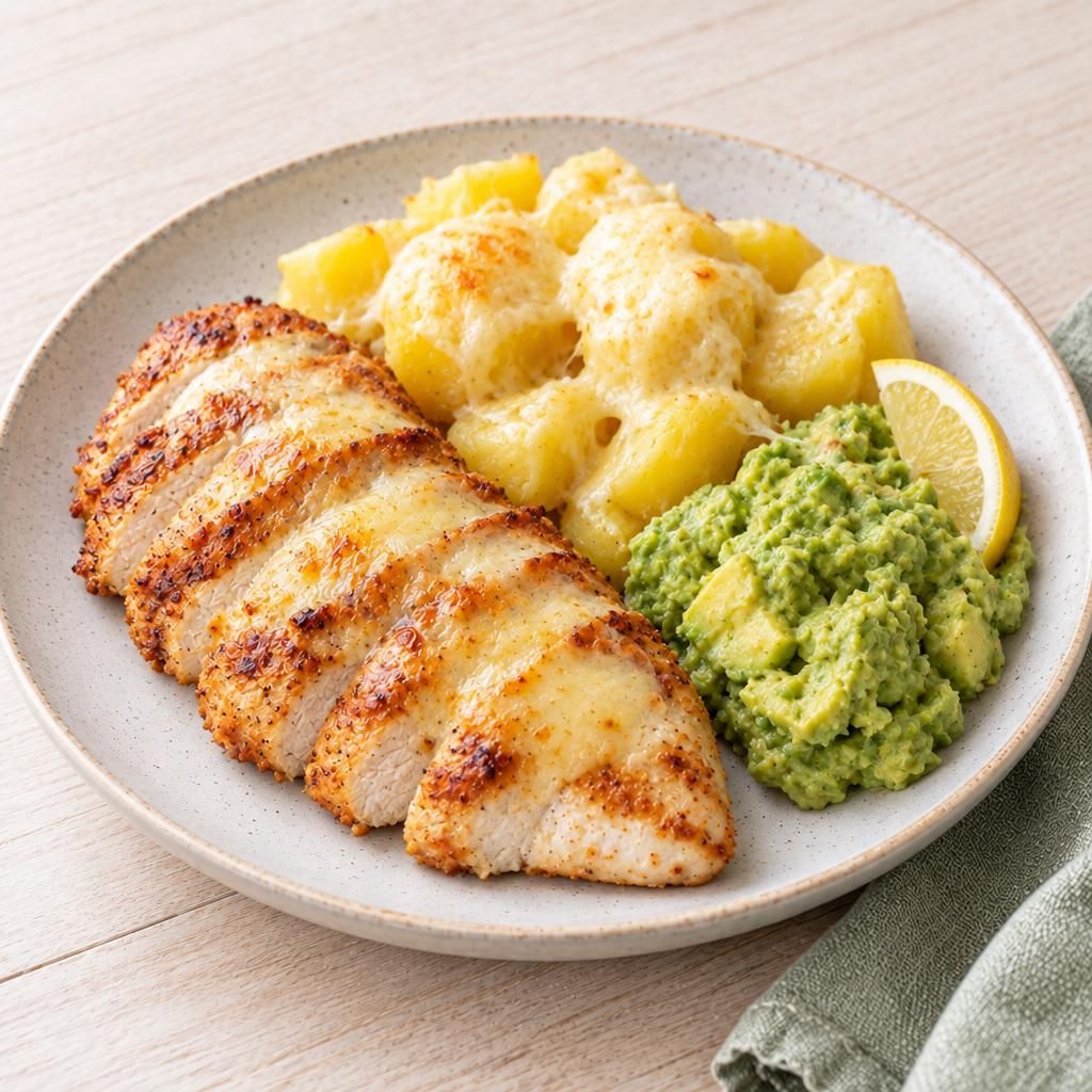 Gebratene Pute mit Käse-Kartoffeln und Guacamole