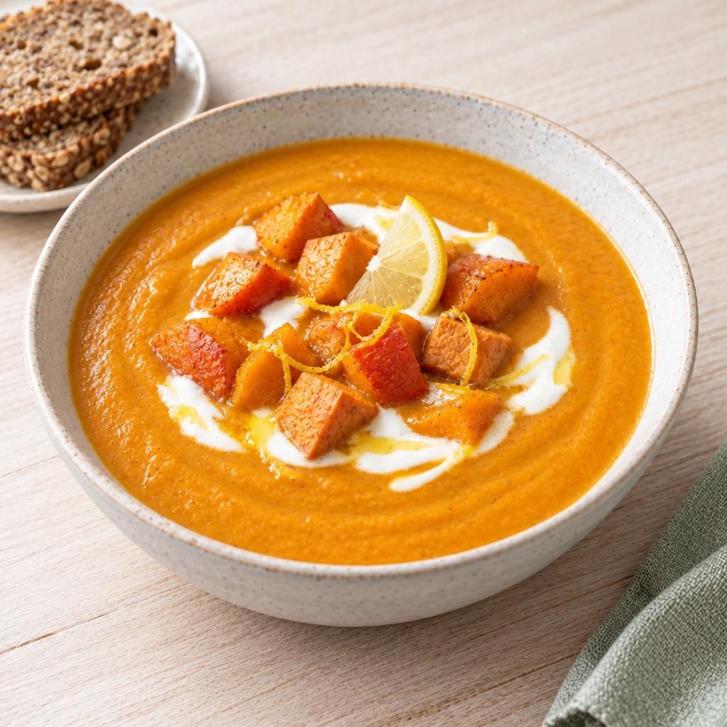 Kürbis-Süßkartoffel-Suppe mit Vollkornbrot