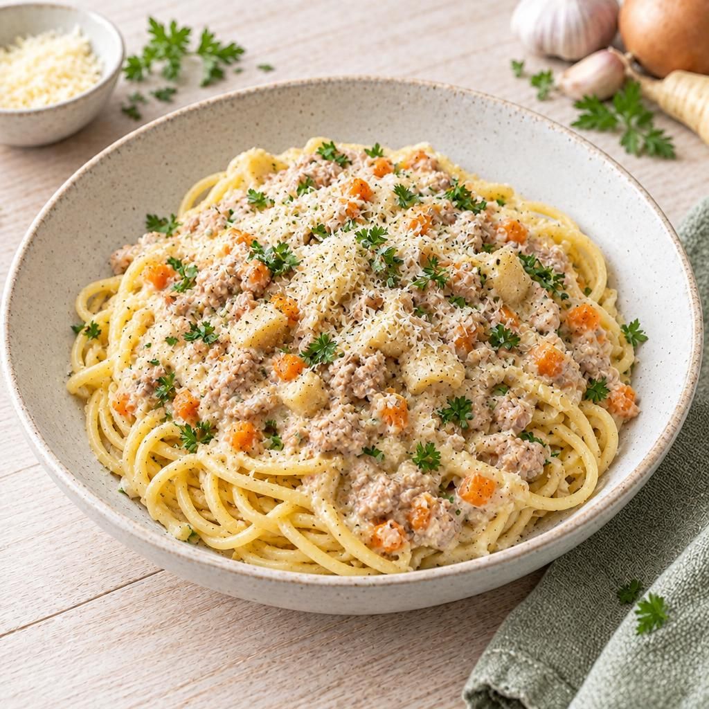 Spaghetti mit weißer Bolognese-Sauce