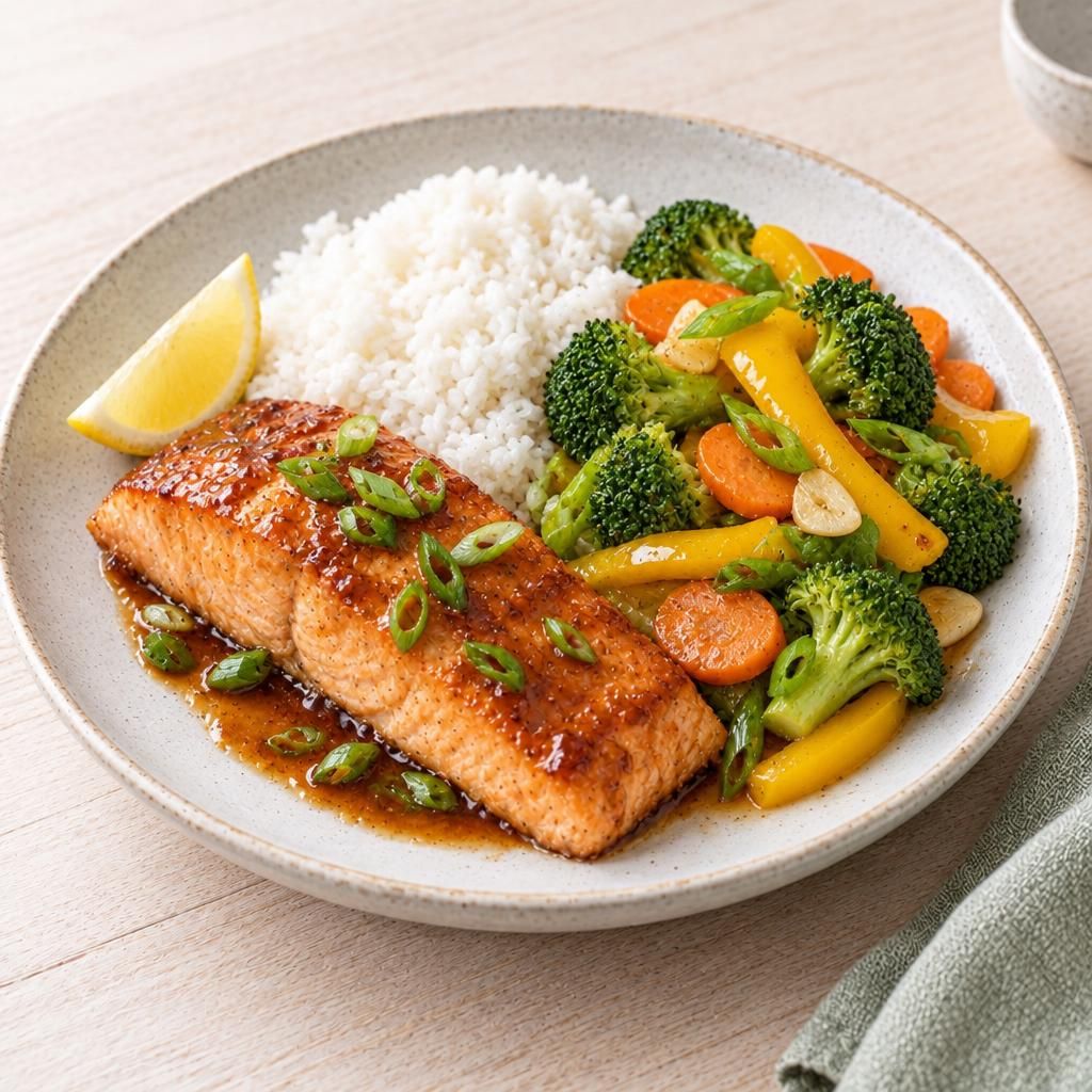 Lachs mit Teriyakisoße und Reis