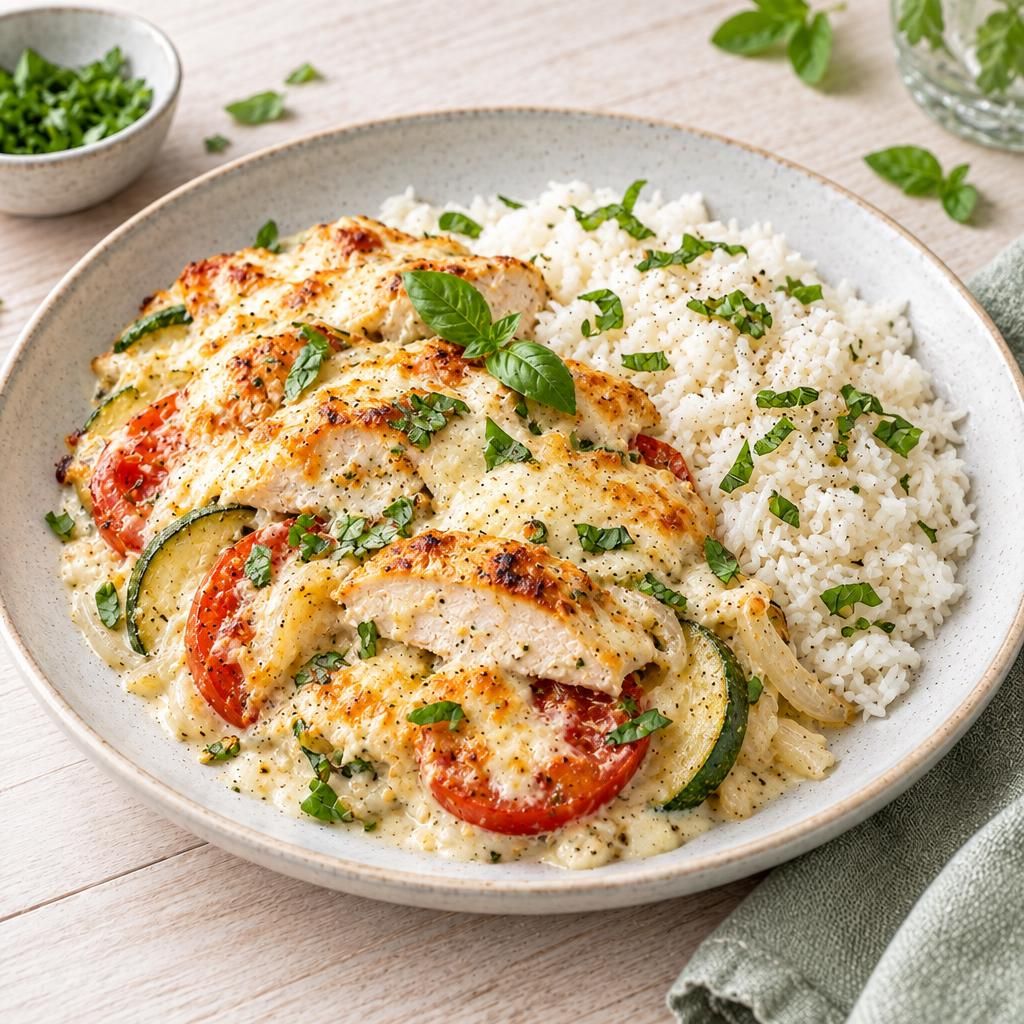 Überbackene Pute mit Sahne-Sauce und Reis