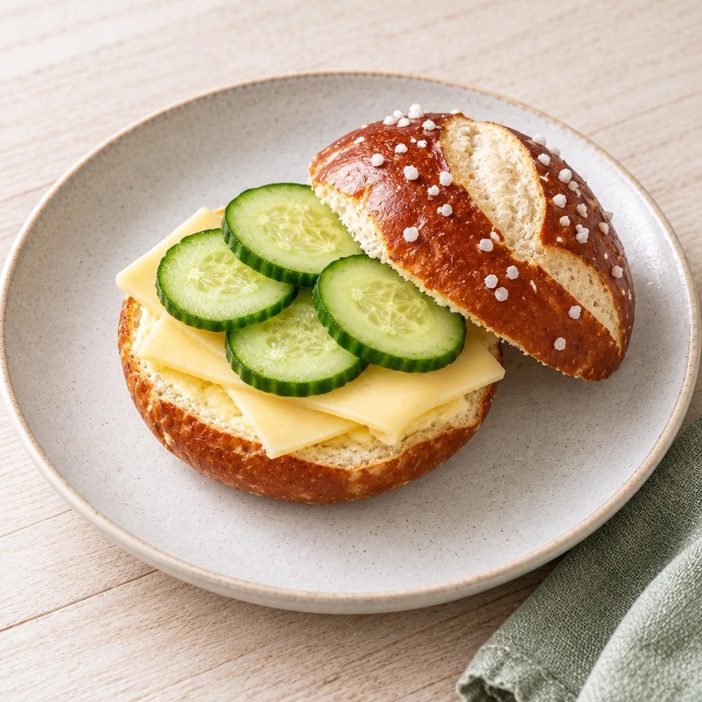 Laugenbrötchen mit Käse und Gurke